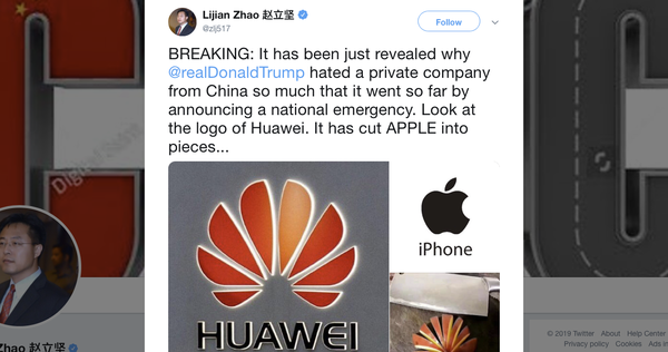 Nhà ngoại giao Trung Quốc dùng iPhone đăng tweet ủng hộ Huawei, chế giễu Apple