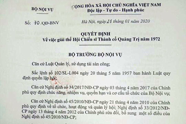 Giải thể 'Hội Chiến sĩ thành cổ Quảng Trị năm 1972' vì nhiều sai phạm